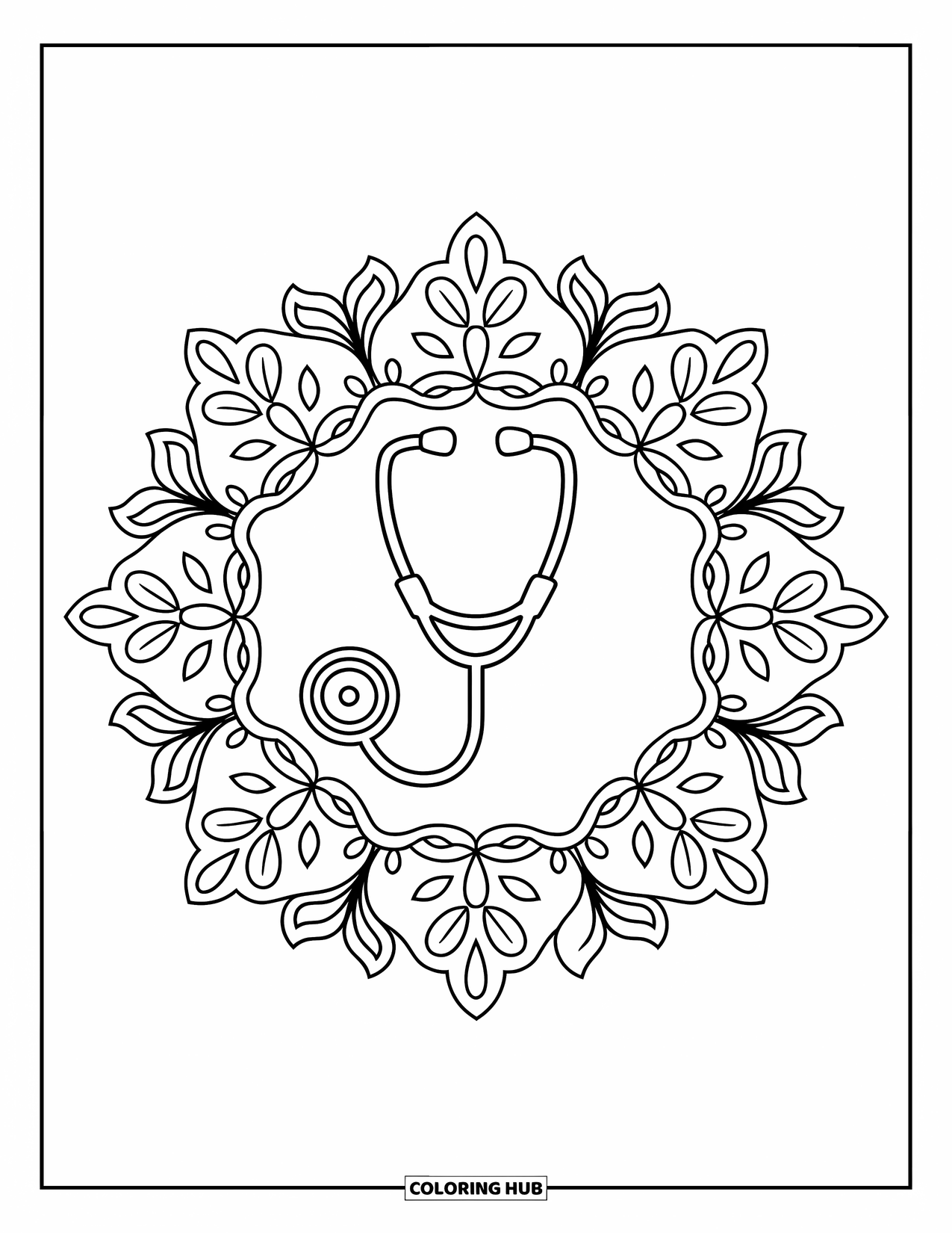 Hospital Coloring Page for Adults: A stethoscope rests in the middle of an intricate floral mandala