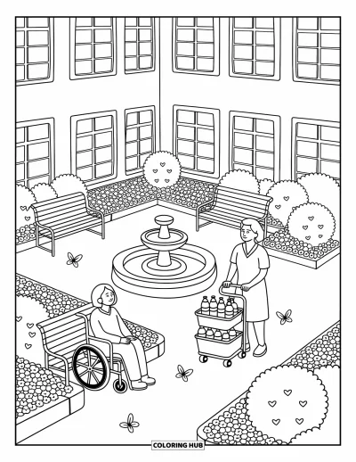 Coloriage d'hôpital pour adultes : Une cour d'hôpital ensoleillée avec un patient, une infirmière et des papillons virevoltants