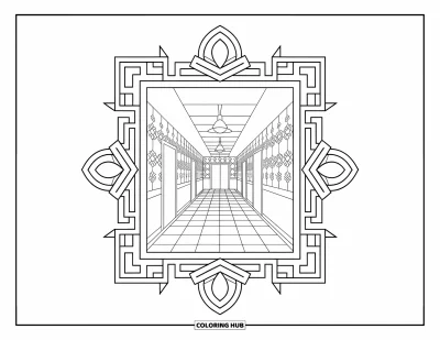 Coloriage d'hôpital pour adultes : Un couloir hospitalier carrelé encadré de bordures florales et géométriques