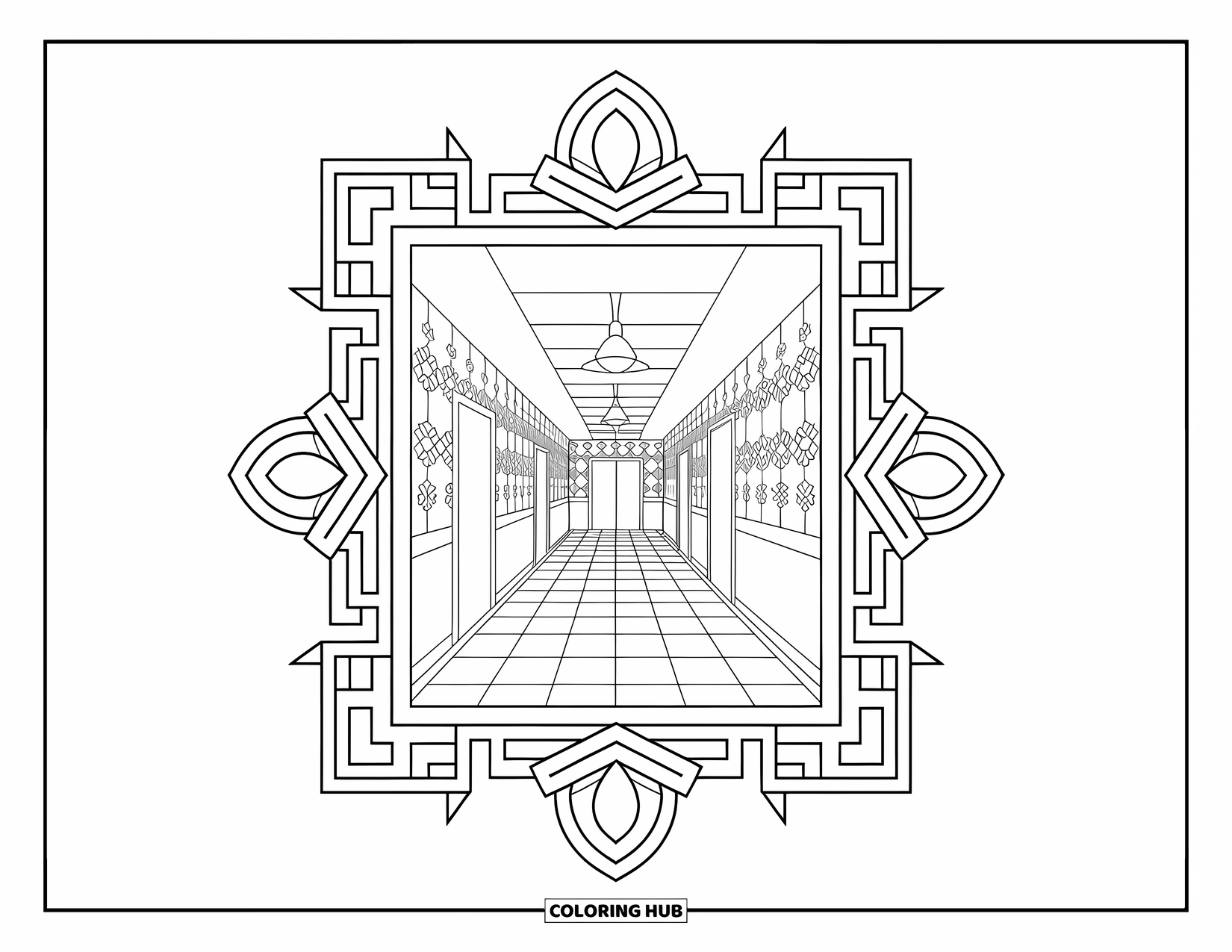 Hospital Coloring Page for Adults: A tiled hospital hallway framed by floral and geometric borders