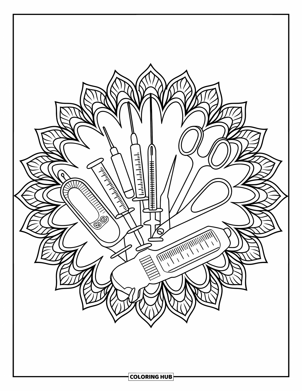 Hospital Coloring Page for Adults: A vase of medical instruments surrounded by detailed mandala designs