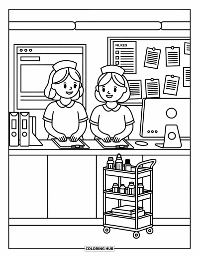 Coloriage d'hôpital pour adultes : Un poste infirmier chaleureux où des infirmières travaillent ensemble dans un espace lumineux et convivial