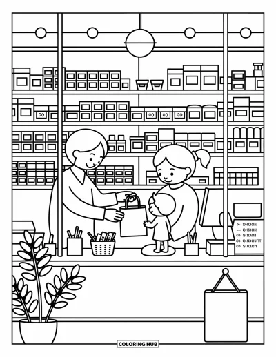 Coloriage d'hôpital pour adultes : Une pharmacie hospitalière accueillante où un pharmacien aide un parent et son enfant