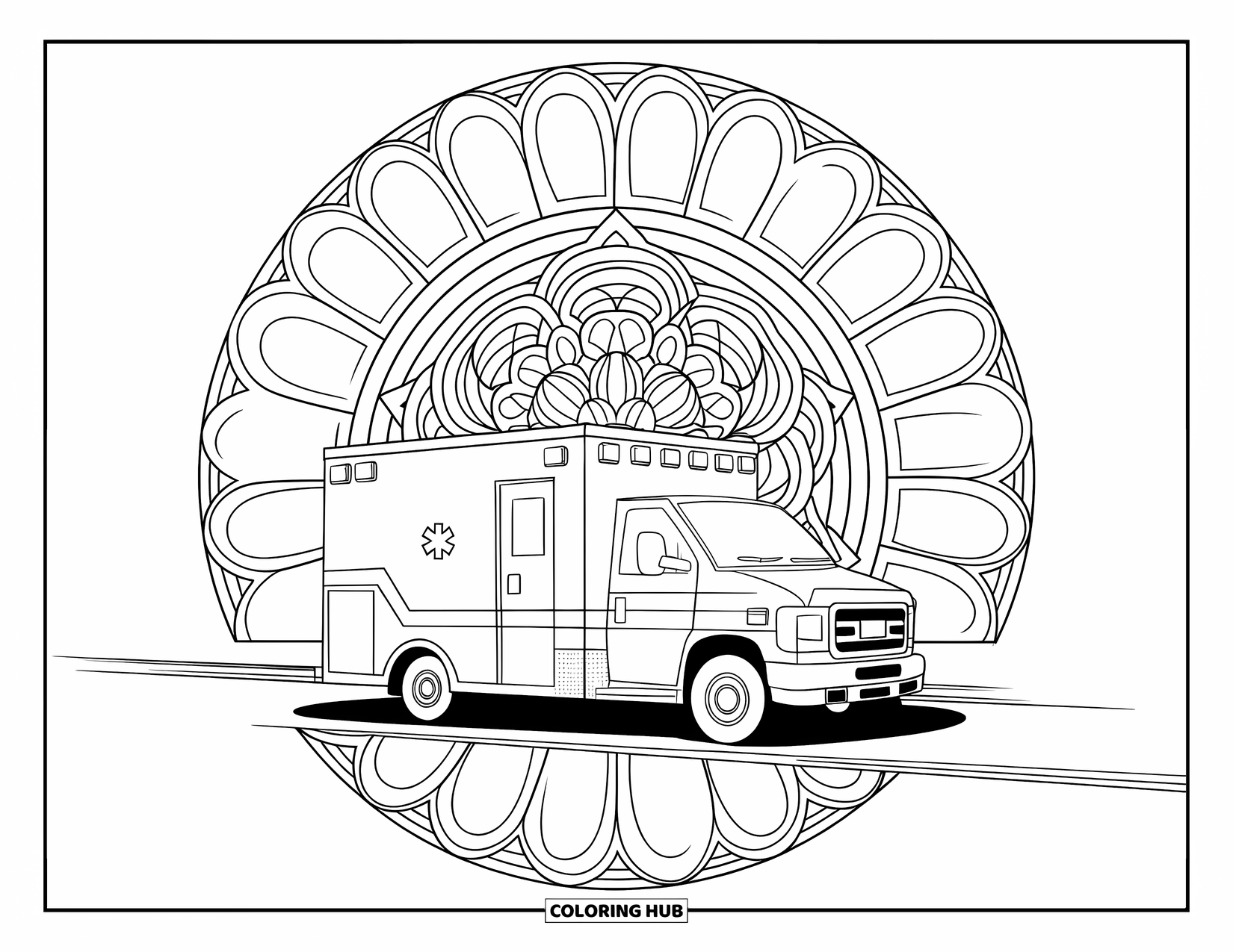 Hospital Coloring Page for Adults: An ambulance parked on the road with intricate mandala sirens behind it