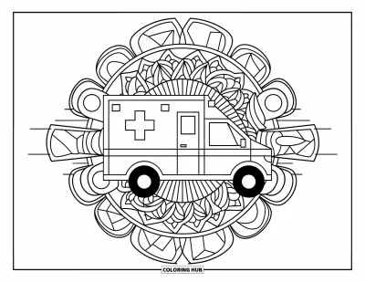 Coloriage d'hôpital pour adultes : Une ambulance entourée de cercles mandala évoquant les sirènes lumineuses