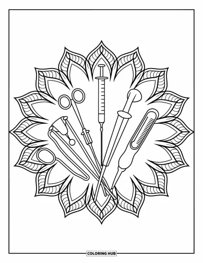 Coloriage d'hôpital pour adultes : Des instruments médicaux forment un bouquet encadré de pétales mandala finement détaillés
