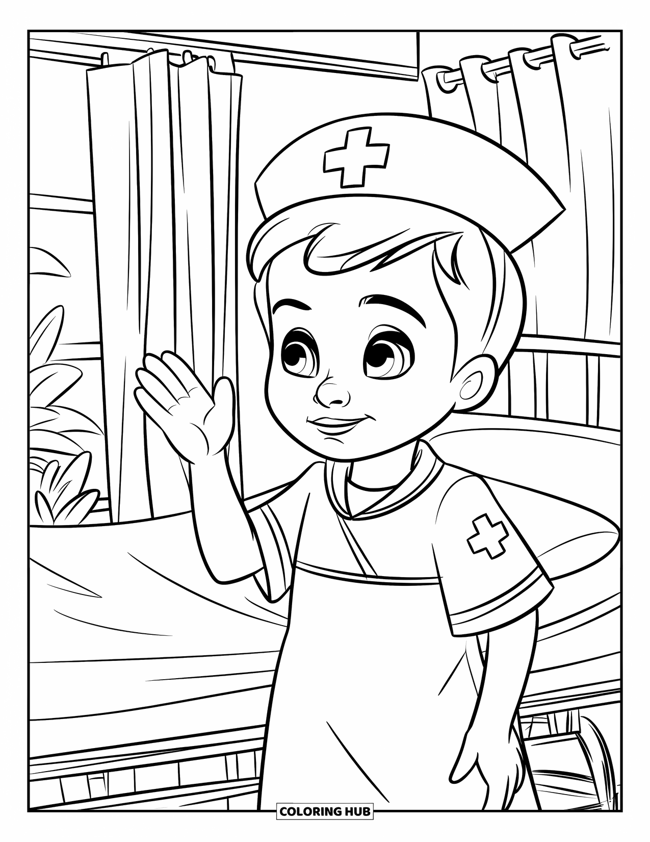 Hospital Coloring Page for Kids: A boy nurse greets patients beside a freshly made hospital bed