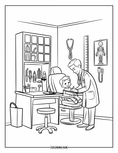 Coloriage d'hôpital pour enfants : Un cabinet médical lumineux où un enfant et un médecin travaillent ensemble joyeusement