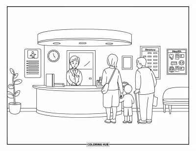 Coloriage d'hôpital pour enfants : Un hall d'hôpital animé où des visiteurs font la queue pour rencontrer une réceptionniste souriante