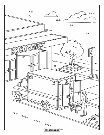 Coloriage d'hôpital pour enfants : L'entrée animée d'un hôpital avec une ambulance, une infirmière et un ambulancier en action
