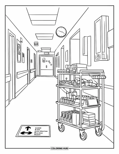Coloriage d'hôpital pour enfants : Un couloir paisible où des outils médicaux et des panneaux guident les patients