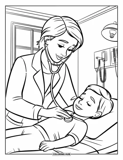 Coloriage d'hôpital pour enfants : Un médecin attentionné utilise un stéthoscope pour écouter le cœur d'un enfant