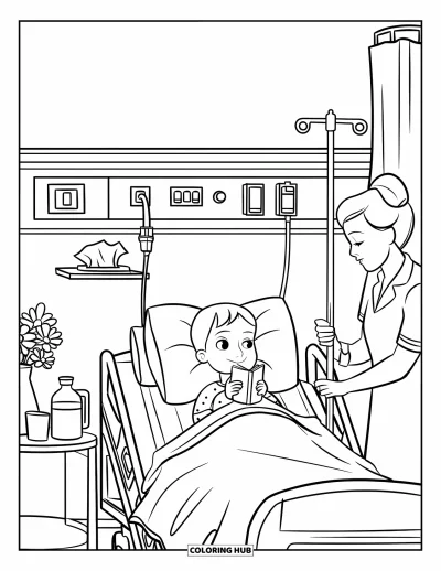 Coloriage d'hôpital pour enfants : Une infirmière attentionnée vérifie l'état d'un jeune patient allongé sous une couverture douce