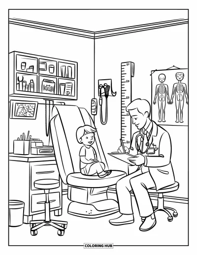 Coloriage d'hôpital pour enfants : Un cabinet médical animé avec un enfant souriant pendant que le médecin prend des notes