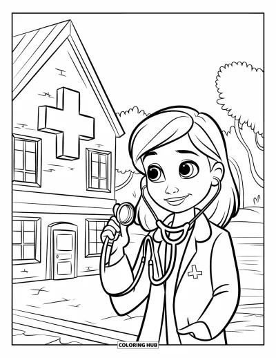 Coloriage d'hôpital pour enfants : Une femme médecin joyeuse se tient fièrement devant un bâtiment hospitalier lumineux