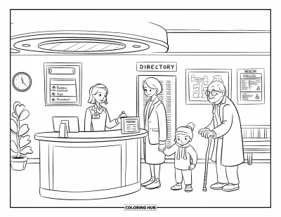 Coloriage d'hôpital pour enfants : Une entrée d'hôpital accueillante où des familles attendent et une réceptionniste souriante les accueille
