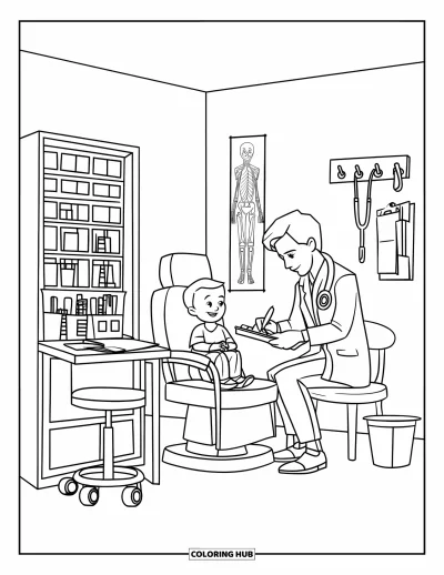 Coloriage d'hôpital pour enfants : Un enfant rend visite à un médecin bienveillant entouré d'affiches et d'instruments médicaux