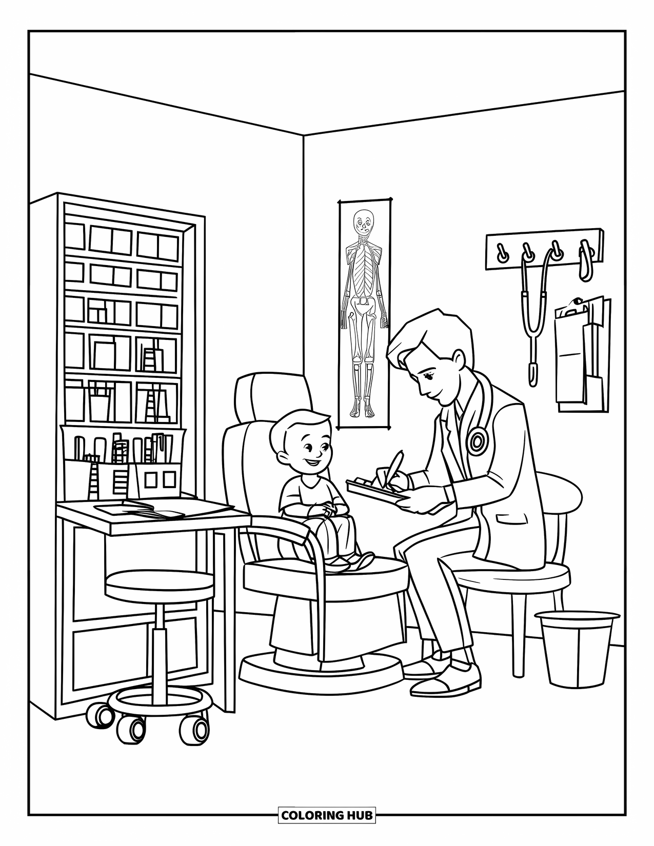 Hospital Coloring Page for Kids: A child visits a friendly doctor surrounded by posters and medical tools