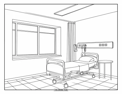 Coloriage d'hôpital pour enfants : Une chambre d'hôpital propre avec un lit, une table et une fenêtre ensoleillée