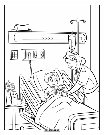 Coloriage d'hôpital pour enfants : Une chambre d'hôpital douillette où un enfant lit pendant qu'une infirmière règle doucement la perfusion