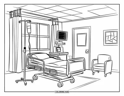 Coloriage d'hôpital pour enfants : Une chambre d'hôpital douillette avec un lit, un rideau et des détails joyeux