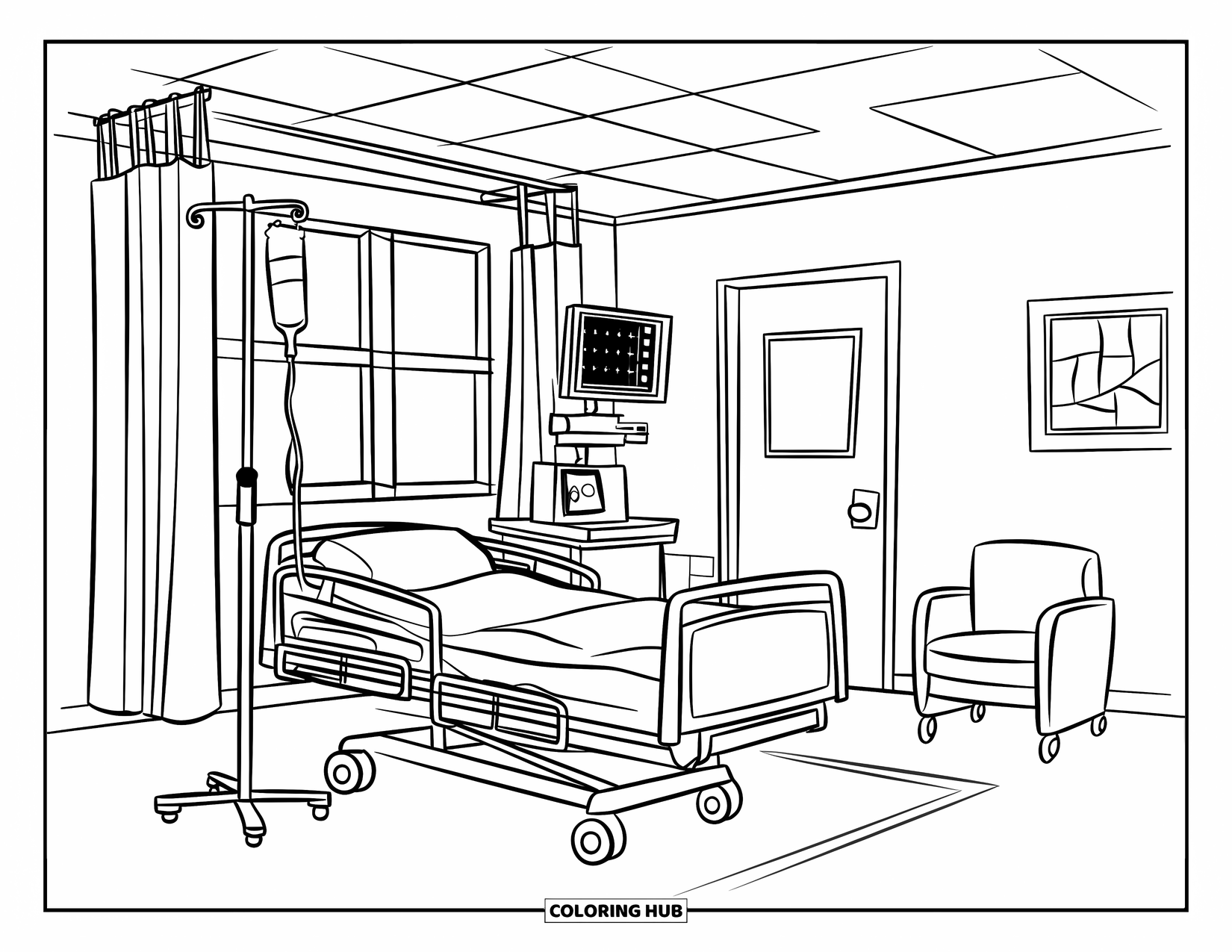 Hospital Coloring Page for Kids: A cozy hospital room with a bed, curtain, and cheerful details