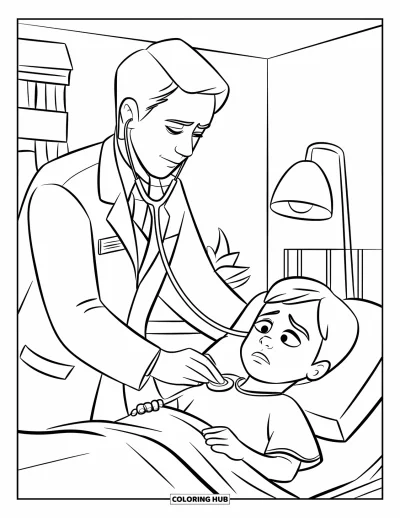 Coloriage d'hôpital pour enfants : Un médecin écoute attentivement les battements de cœur d'un enfant dans une chambre d'hôpital calme