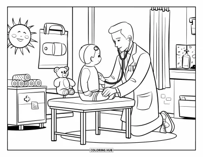 Coloriage d'hôpital pour enfants : Un médecin écoute le cœur d'un enfant pendant qu'un nounours observe à proximité
