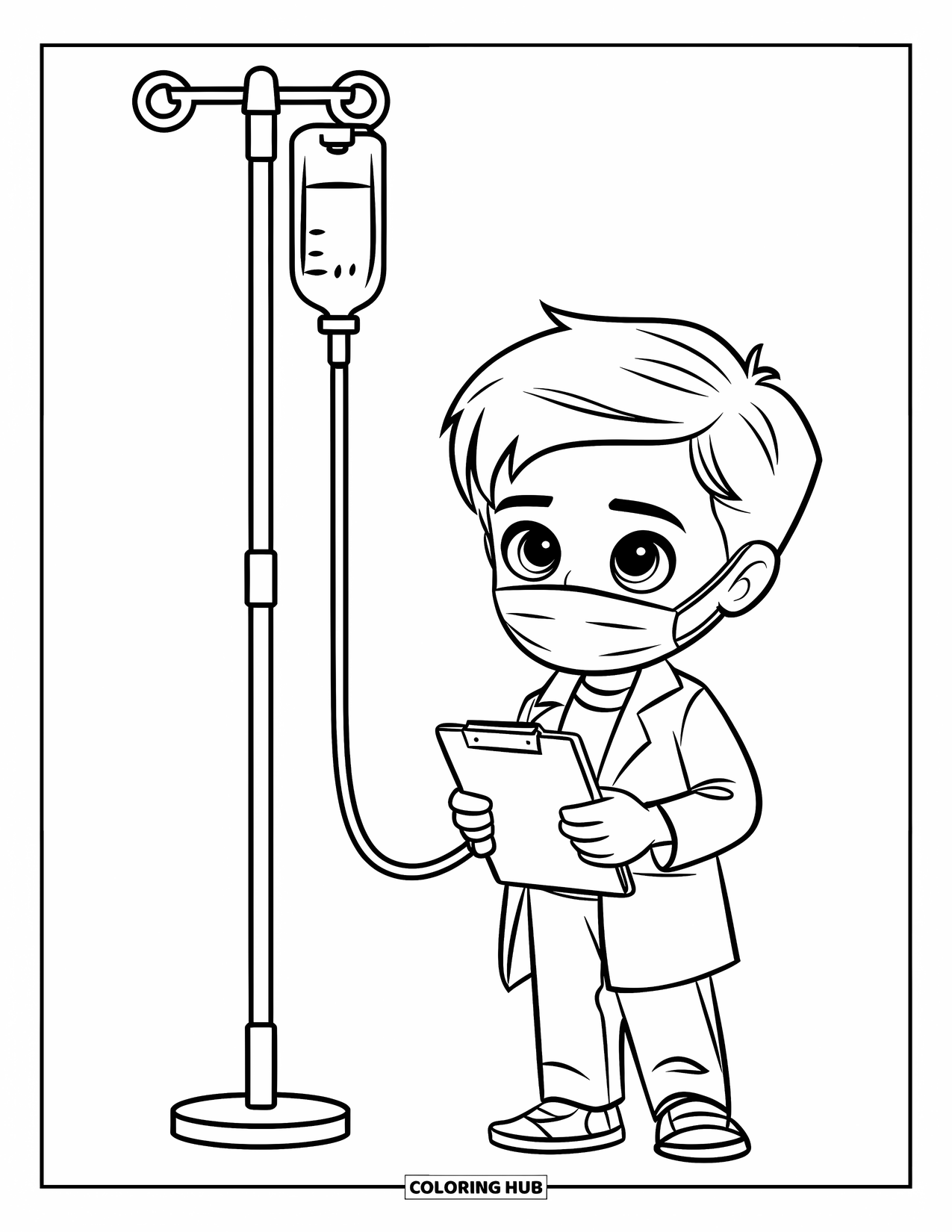 Hospital Coloring Page for Kids: A friendly boy doctor holds a clipboard beside an empty IV stand