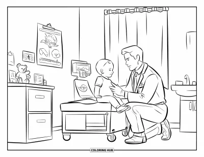 Coloriage d'hôpital pour enfants : Un médecin bienveillant examine le cœur d'un enfant près d'une affiche colorée