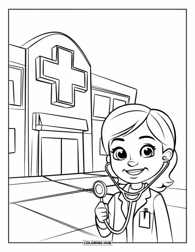 Coloriage d'hôpital pour enfants : Une femme médecin souriante se tient près de l'hôpital avec une grande croix