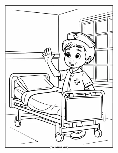 Coloriage d'hôpital pour enfants : Une infirmière souriante fait signe à côté d'un lit d'hôpital propre
