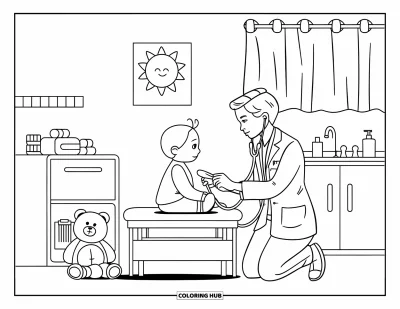 Coloriage d'hôpital pour enfants : Un médecin doux vérifie le cœur d'un enfant dans une salle pédiatrique chaleureuse