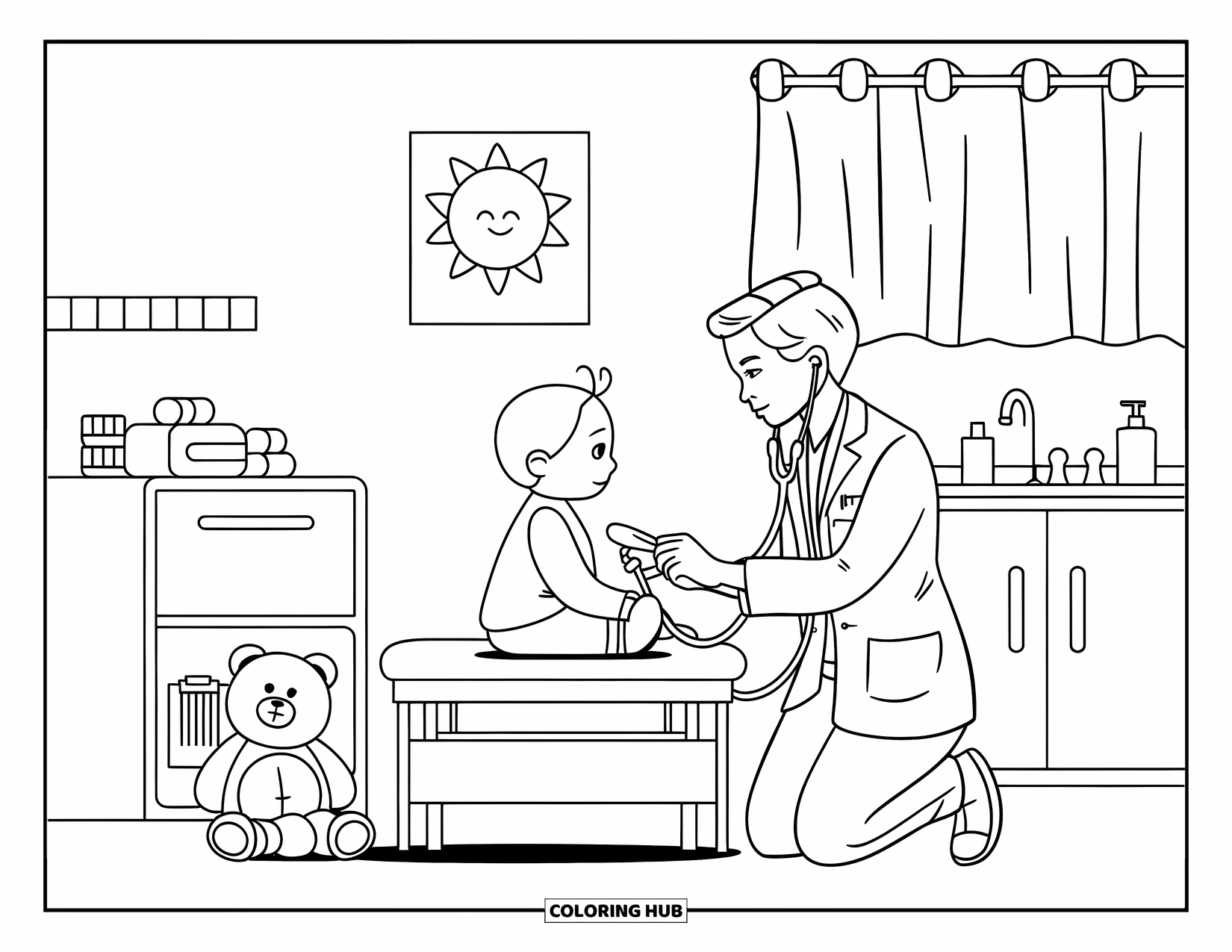 Hospital Coloring Page for Kids: A gentle doctor checks a child's heartbeat in a friendly pediatric room