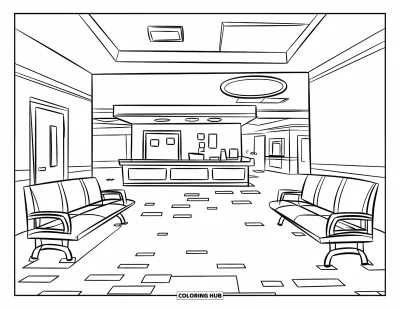 Coloriage d'hôpital pour enfants : Une salle d'attente hospitalière avec des rangées de chaises et un accueil souriant