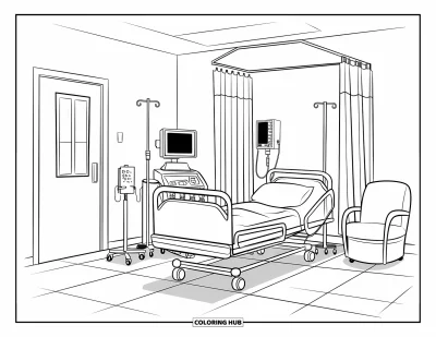 Coloriage d'hôpital pour enfants : Une chambre d'hôpital bien rangée avec du matériel médical et une chaise près du lit