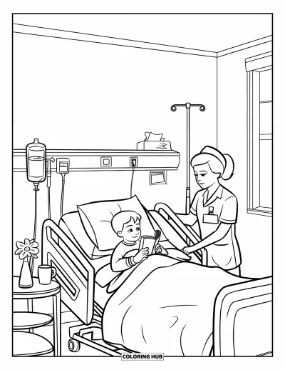 Coloriage d'hôpital pour enfants : Une infirmière règle une perfusion auprès d'un enfant qui lit dans une chambre d'hôpital ensoleillée