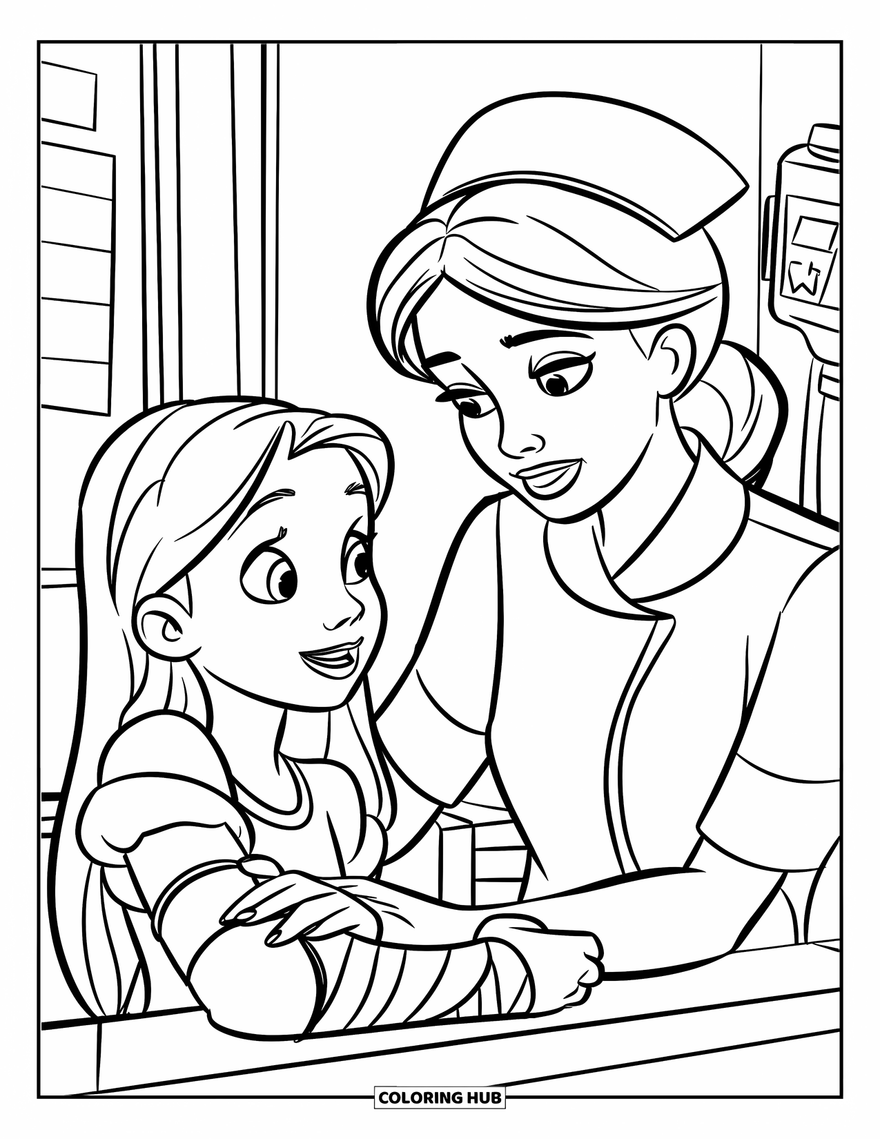 Hospital Coloring Page for Kids: A nurse chats with a young patient with a cast under a bright window