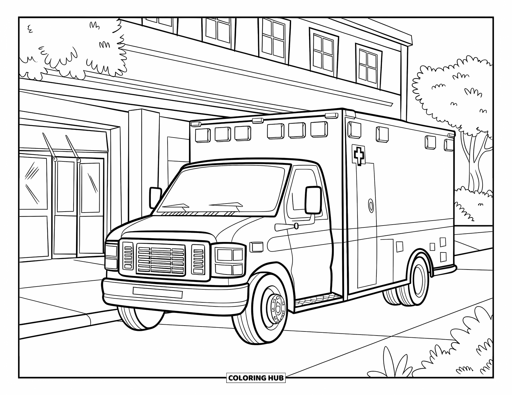 Hospital Coloring Page for Kids: A parked ambulance sits outside a hospital ready for the next call