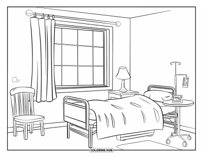 Coloriage d'hôpital pour enfants : Une chambre d'hôpital paisible avec un mobilier simple et une lumière douce