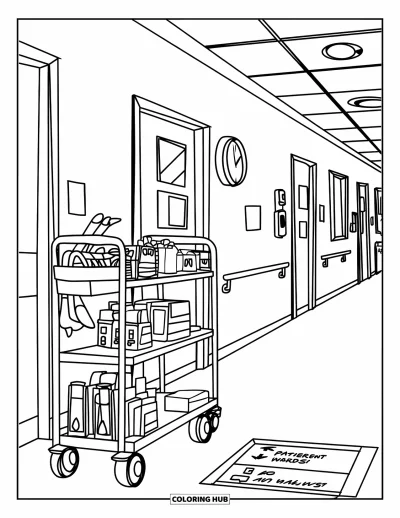 Coloriage d'hôpital pour enfants : Un couloir tranquille avec un chariot médical plein de fournitures et des portes donnant sur des chambres