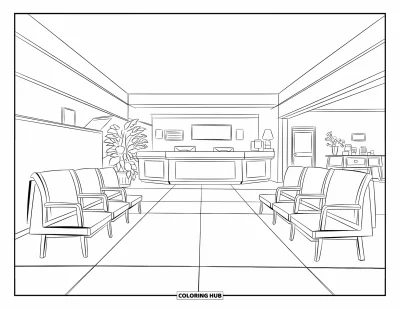 Coloriage d'hôpital pour enfants : Un hall d'hôpital simple avec des rangées de chaises et des détails accueillants