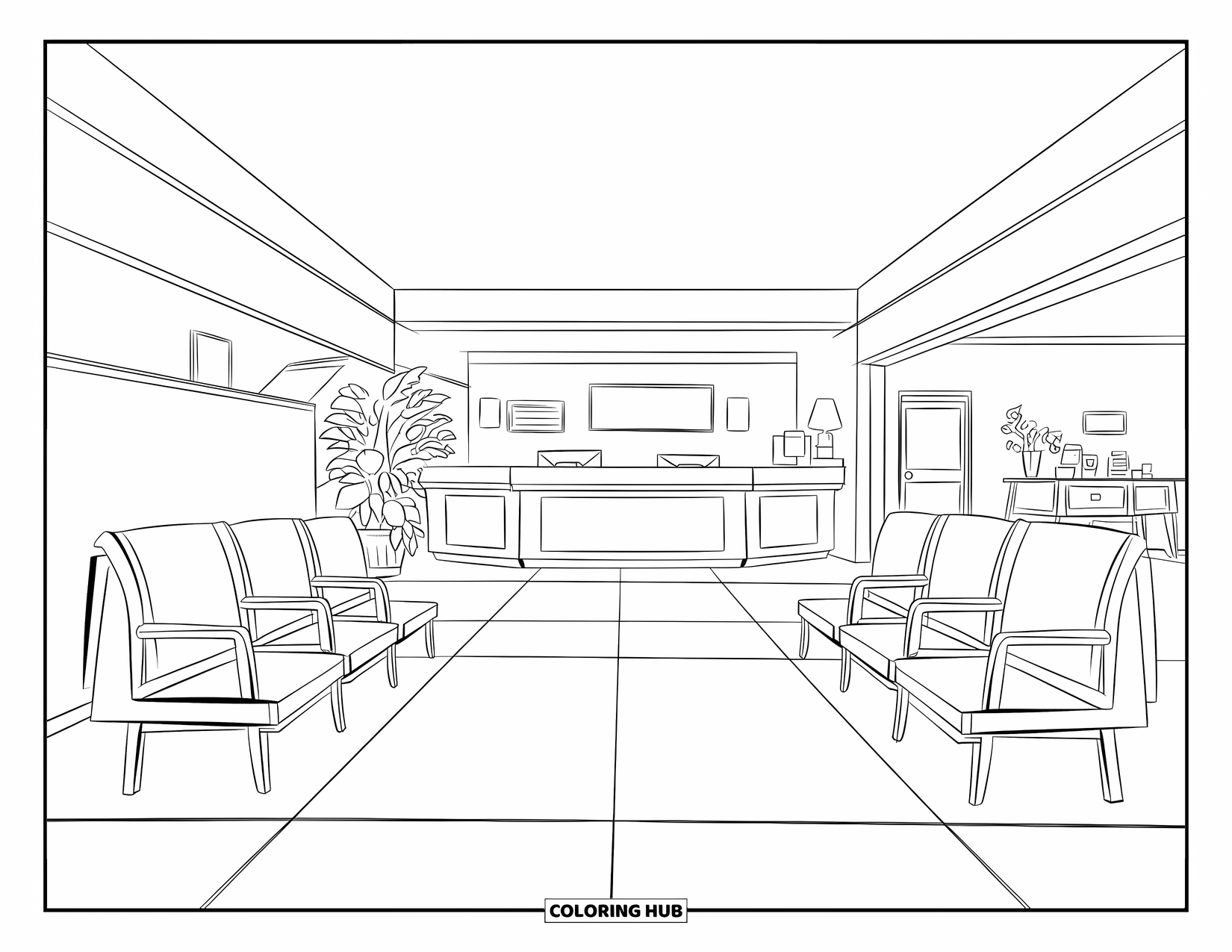 Hospital Coloring Page for Kids: A simple hospital lobby with rows of chairs and welcoming details