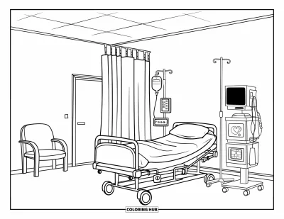 Coloriage d'hôpital pour enfants : Une chambre d'hôpital simple avec un lit, un moniteur et un pied à perfusion près de la fenêtre