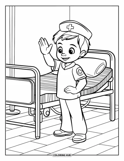 Coloriage d'hôpital pour enfants : Un jeune infirmier souriant se tient fièrement près d'un lit d'hôpital lumineux