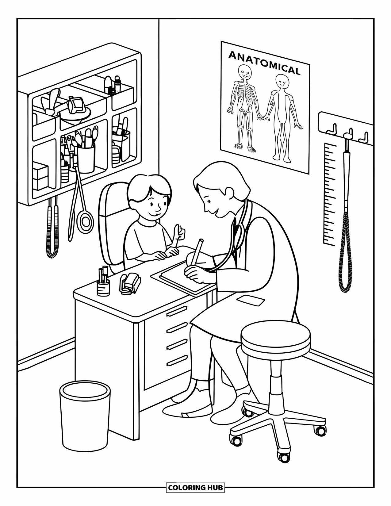 Hospital Coloring Page for Kids: A smiling doctor writes notes while a child sits happily in the examination chair