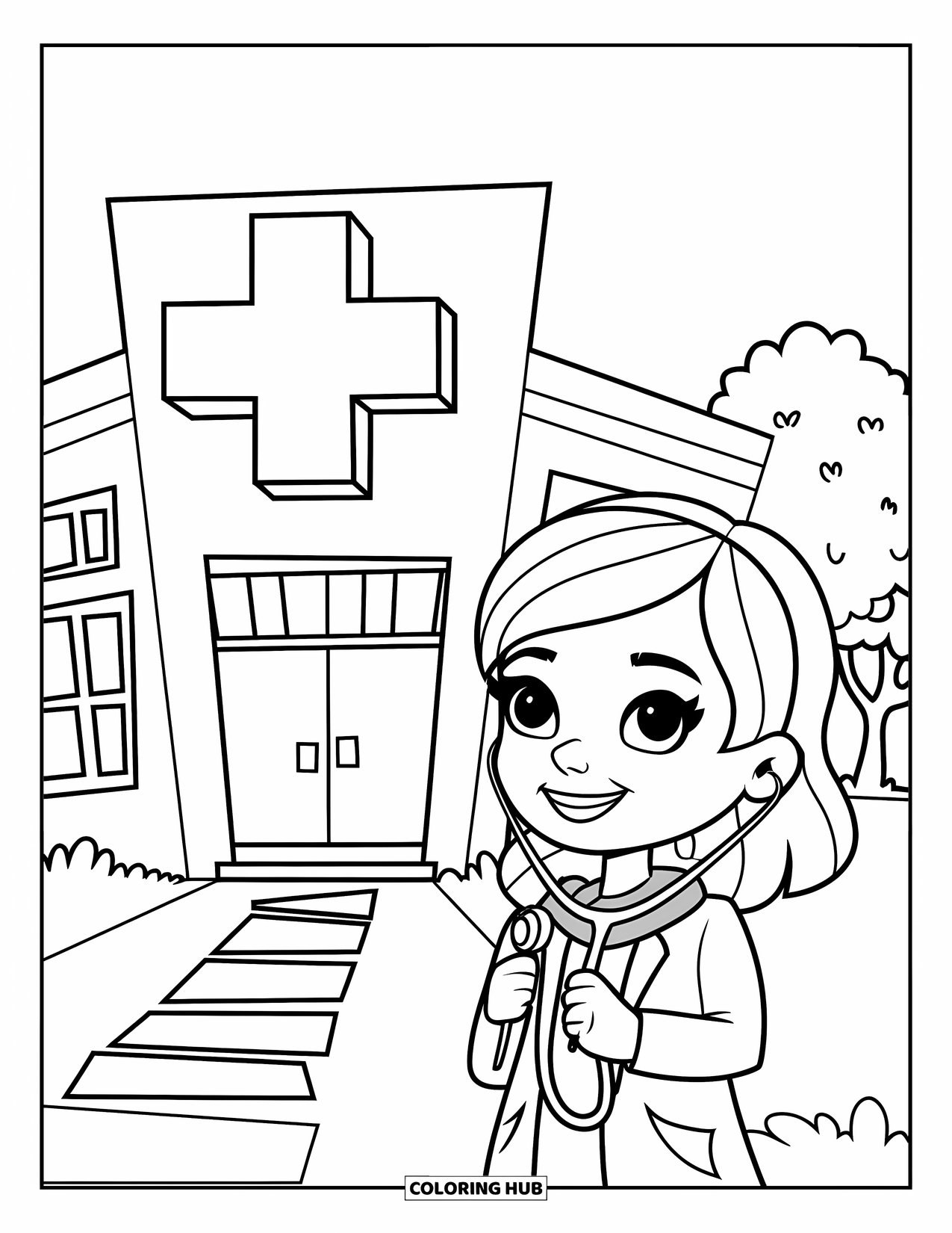 Hospital Coloring Page for Kids: A smiling girl doctor holds a stethoscope near a welcoming hospital
