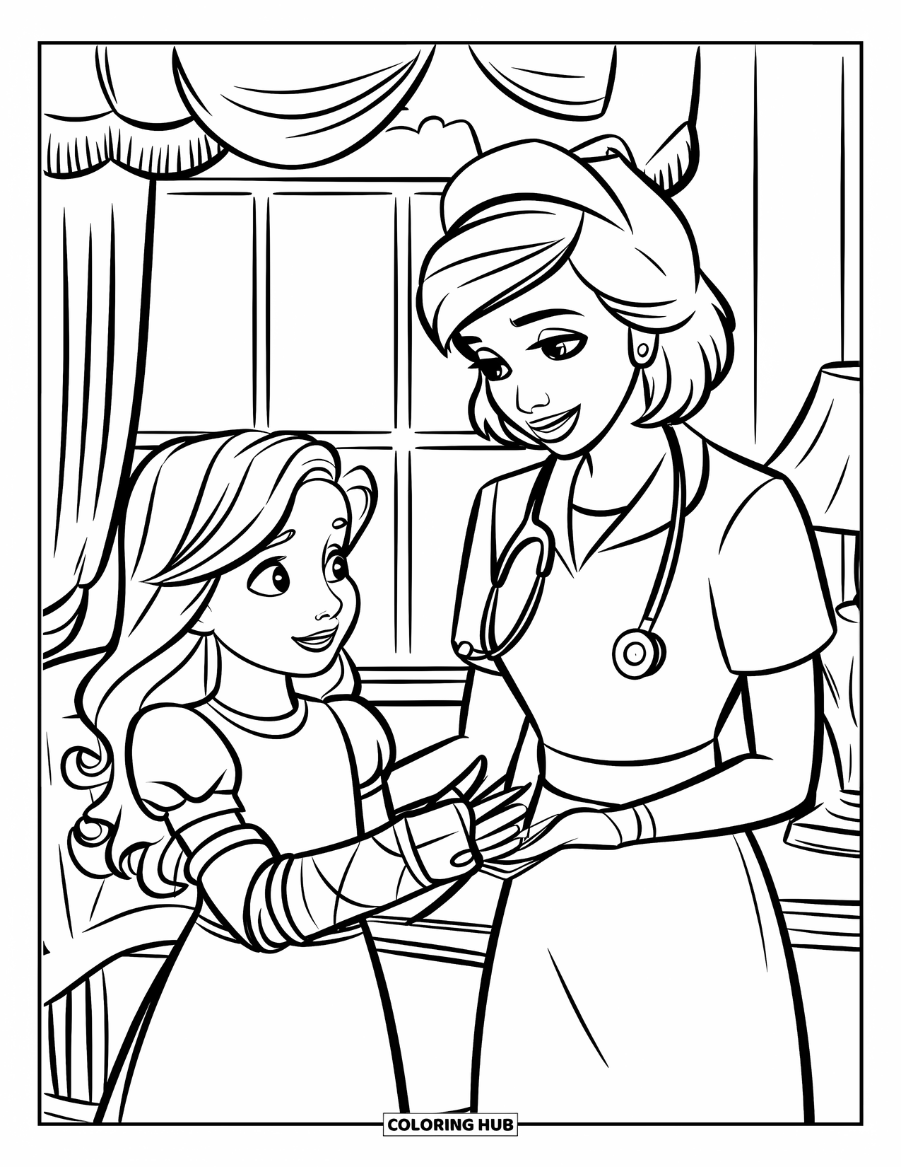 Hospital Coloring Page for Kids: A smiling nurse comforts a girl with a broken arm in her hospital room