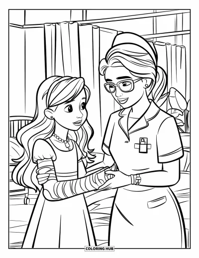 Coloriage d'hôpital pour enfants : Une scène chaleureuse où une infirmière parle avec une fillette au bras bandé