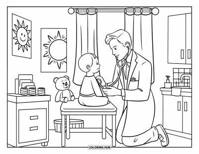 Coloriage d'hôpital pour enfants : Une chambre pédiatrique chaleureuse avec un médecin et un enfant souriant lors d'un bilan de santé